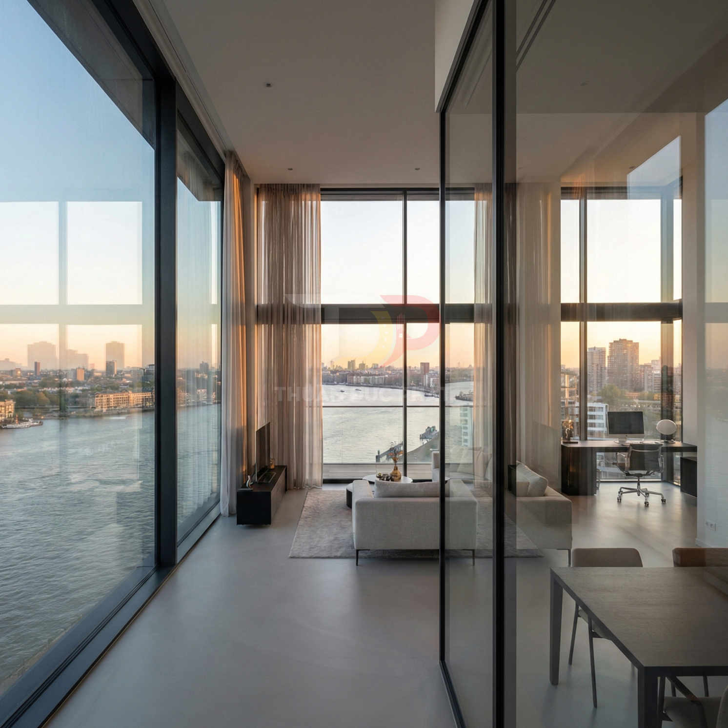 Căn hộ cao cấp với cửa kính toàn cảnh nhìn ra sông và thành phố lúc hoàng hôn