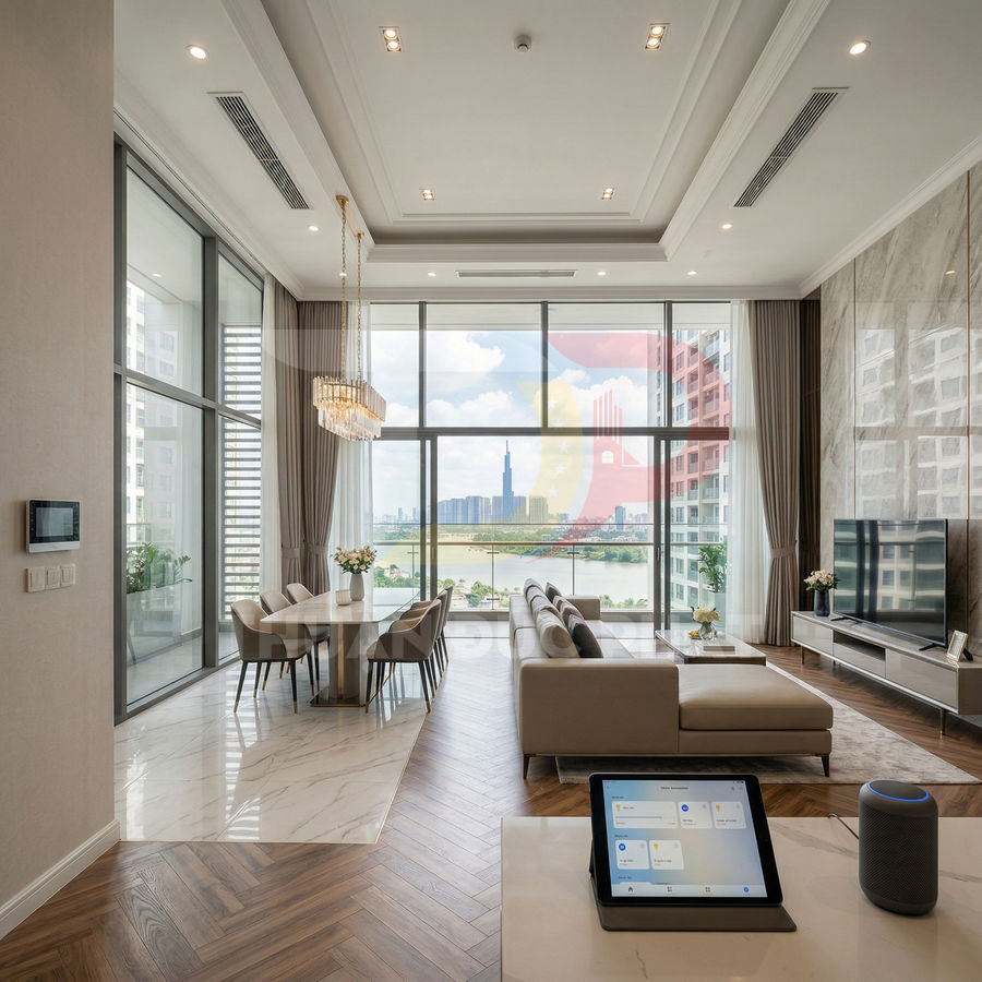 Phòng khách căn hộ cao cấp với sofa, bàn ăn, cửa kính lớn view sông và hệ thống nhà thông minh trên máy tính bảng
