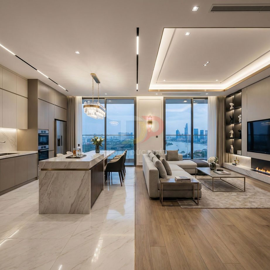 Phòng khách và bếp chung cư cao cấp với đảo bếp đá cẩm thạch, sofa lớn và cửa kính nhìn ra sông