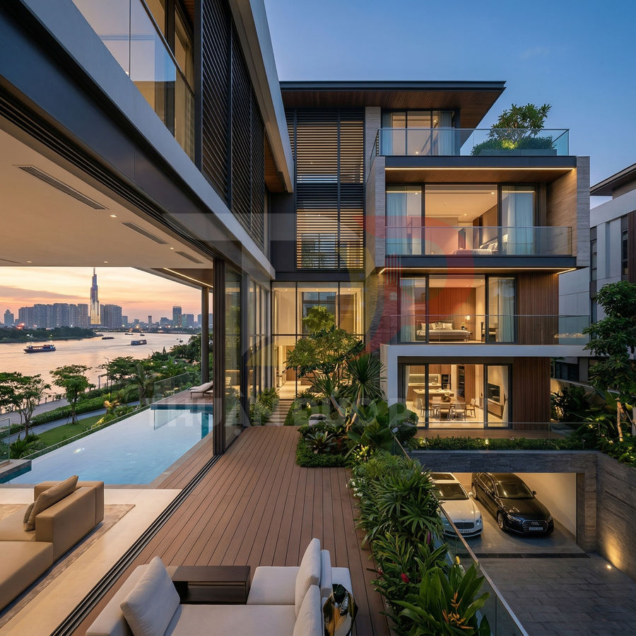 Biệt thự hiện đại nhiều tầng với hồ bơi cạnh sông, gara ô tô và sân vườn xanh mát