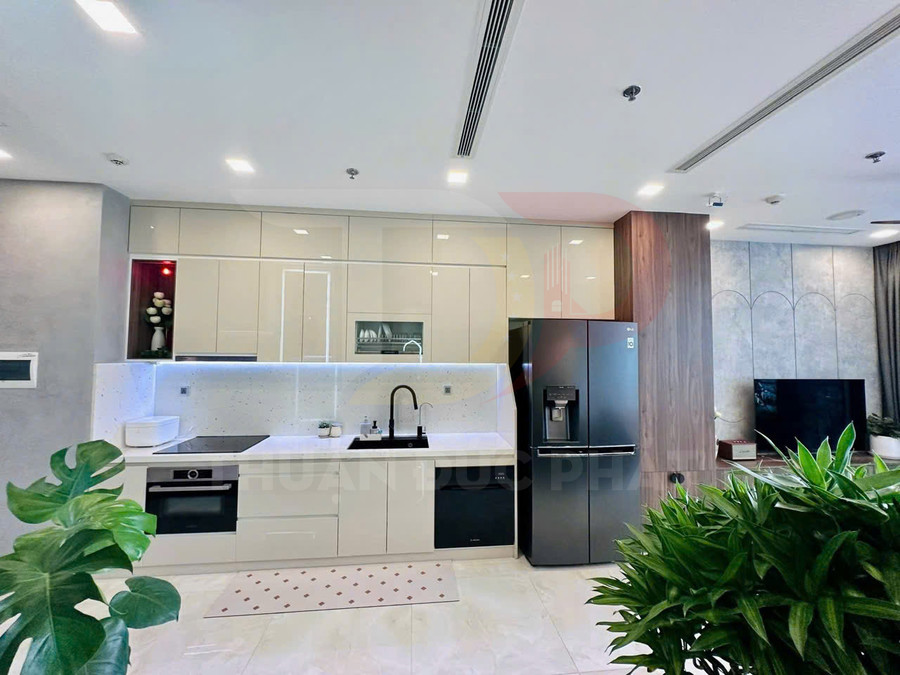 Gian bếp hiện đại với tủ bếp trắng, bếp từ, lò nướng âm tủ và tủ lạnh lớn màu đen có máy làm đá