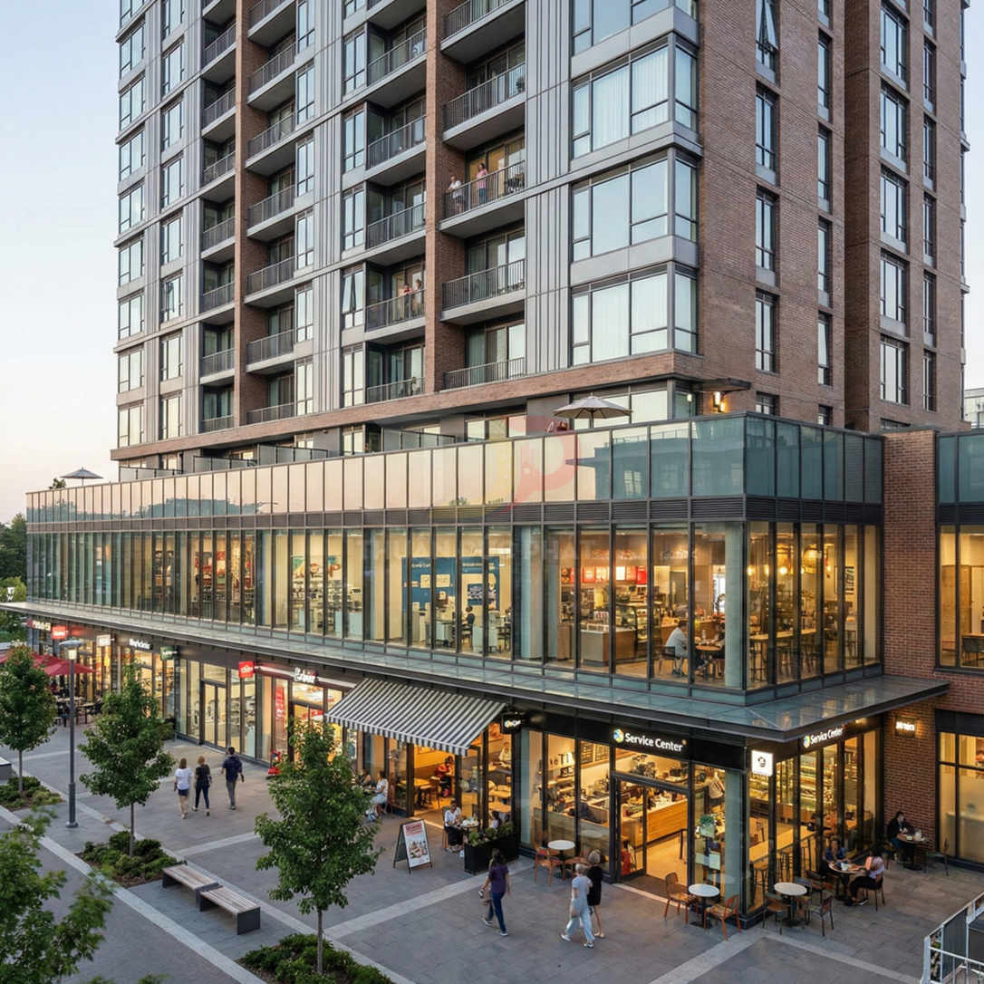 Tòa nhà chung cư cao tầng kết hợp trung tâm thương mại, nhiều cửa hàng và quán cà phê tầng trệt