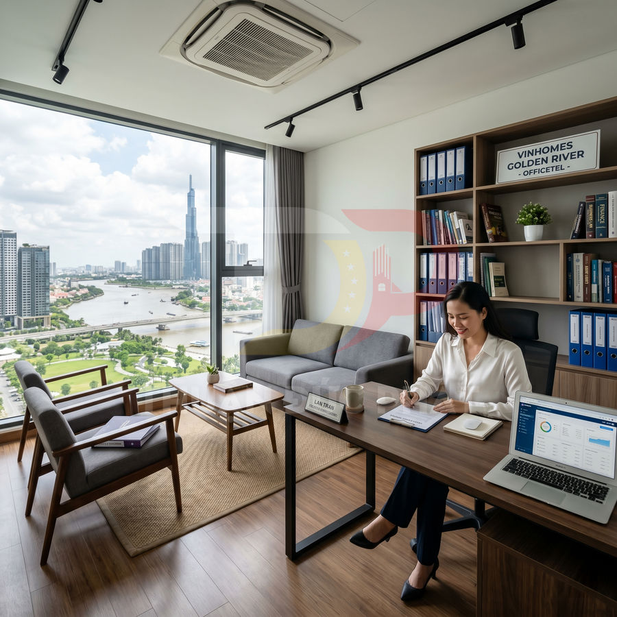 Văn phòng Vinhomes Golden River officetel hiện đại với nữ nhân viên làm việc bên bàn có laptop và tầm nhìn sông Sài Gòn
