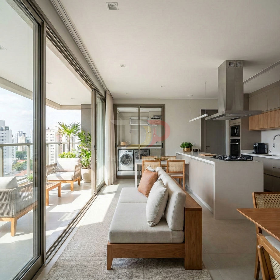 Phòng khách và bếp hiện đại với sofa gỗ, bếp đảo, ban công rộng nhiều cây xanh và máy giặt trong tủ kính