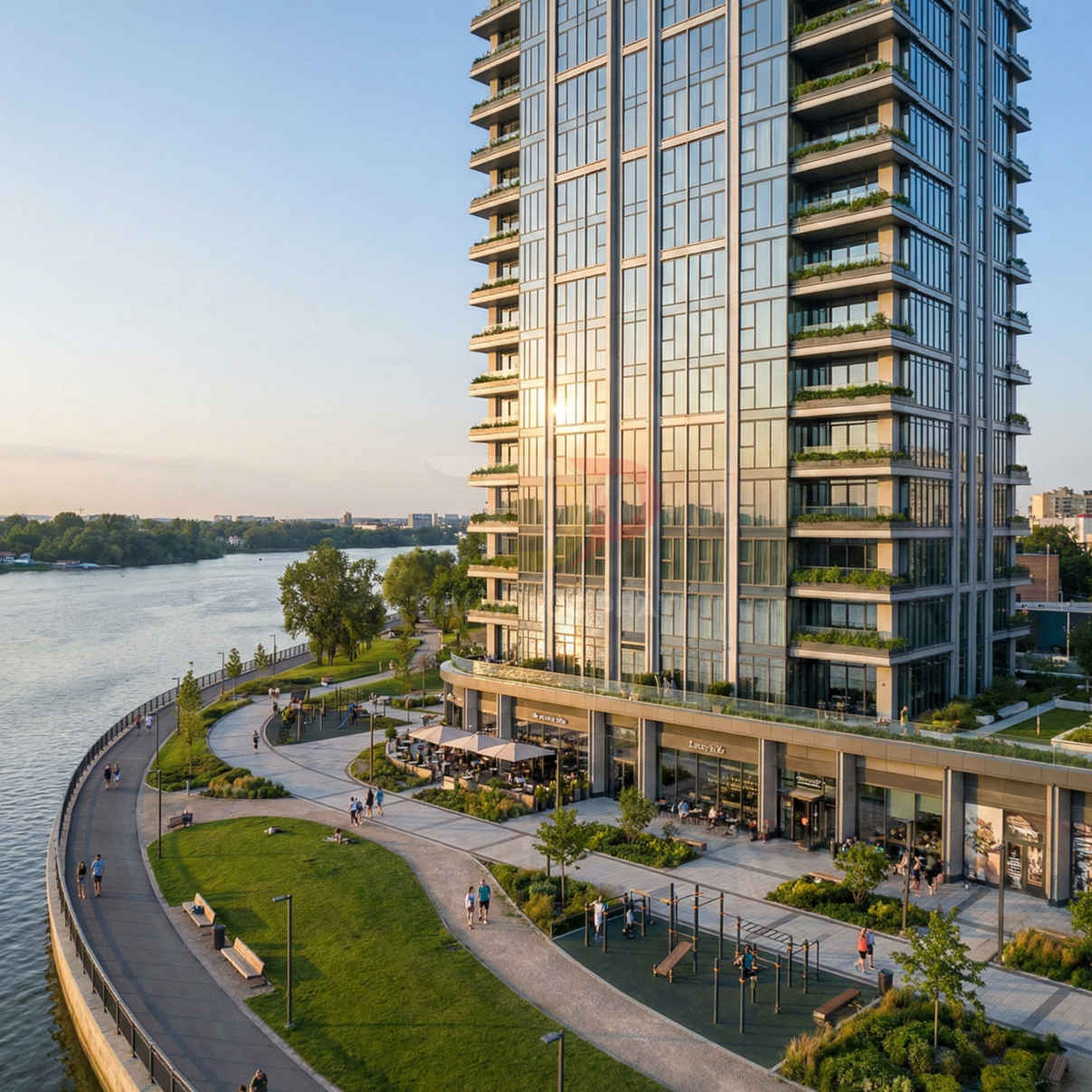 Tòa chung cư cao tầng hiện đại bên bờ sông với công viên, lối dạo bộ và khu vui chơi ngoài trời