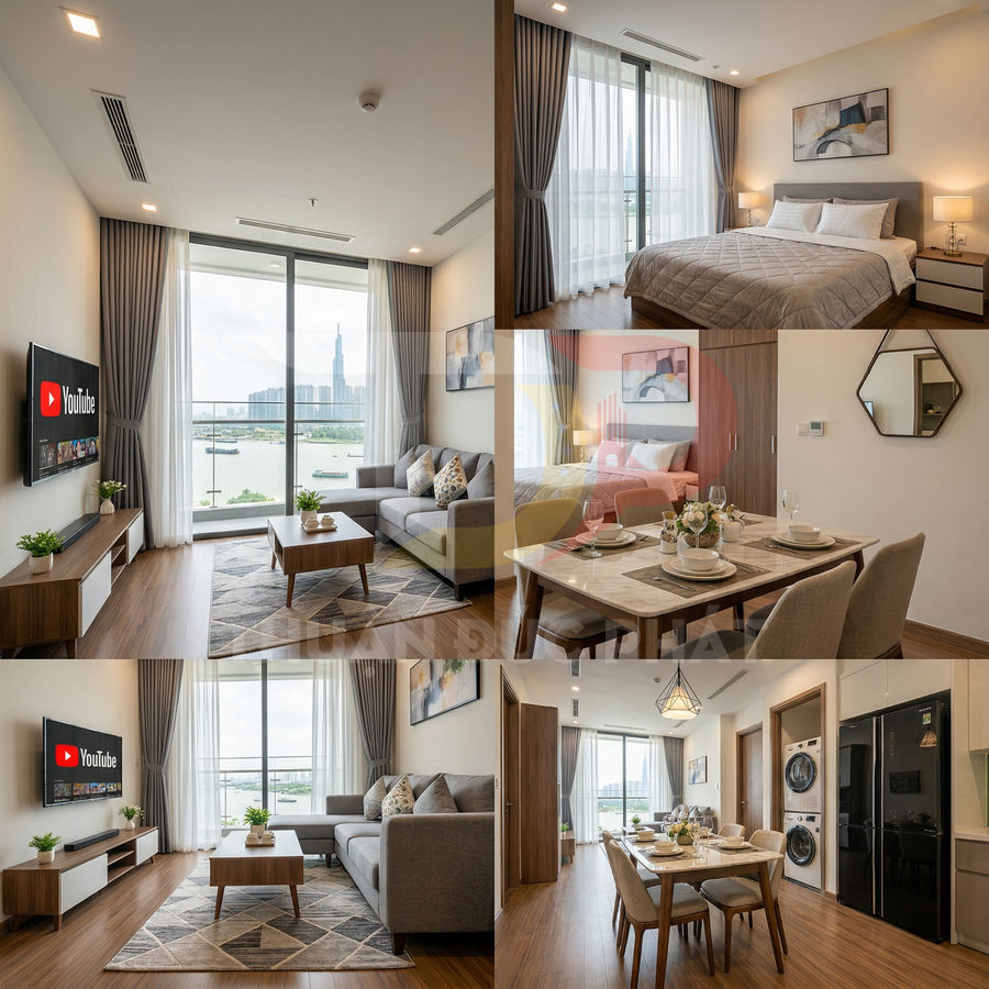 Căn hộ chung cư hiện đại nội thất gỗ sáng, phòng khách, phòng ngủ và bếp ăn nhìn ra sông và thành phố