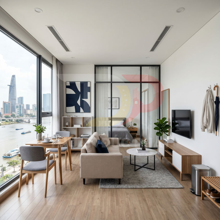 Căn hộ studio nội thất gỗ sáng với sofa, bàn ăn nhỏ, kệ tivi và giường ngủ ngăn kính nhìn ra sông và thành phố
