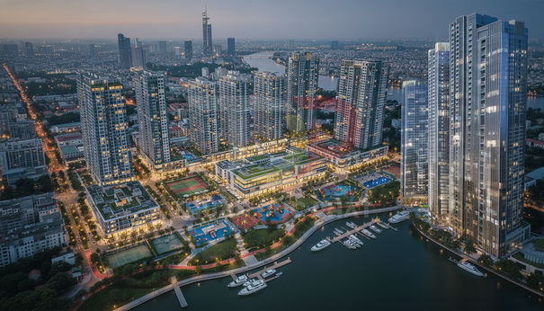 Khu căn hộ cao cấp ven sông với bến du thuyền và tiện ích thể thao về đêm