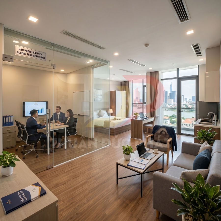 Căn hộ officetel hiện đại với phòng làm việc kính, khu tiếp khách, bếp và giường ngủ nhìn ra thành phố