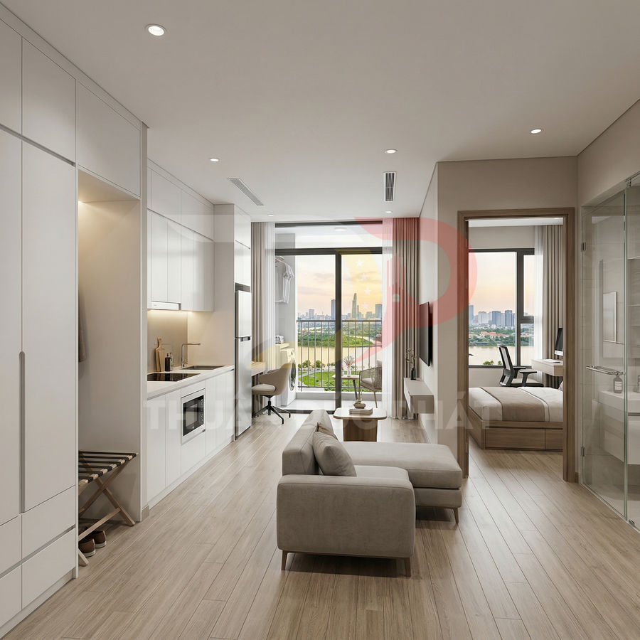 Căn hộ studio nội thất gỗ sáng với bếp, sofa, giường ngủ và cửa kính lớn nhìn ra thành phố