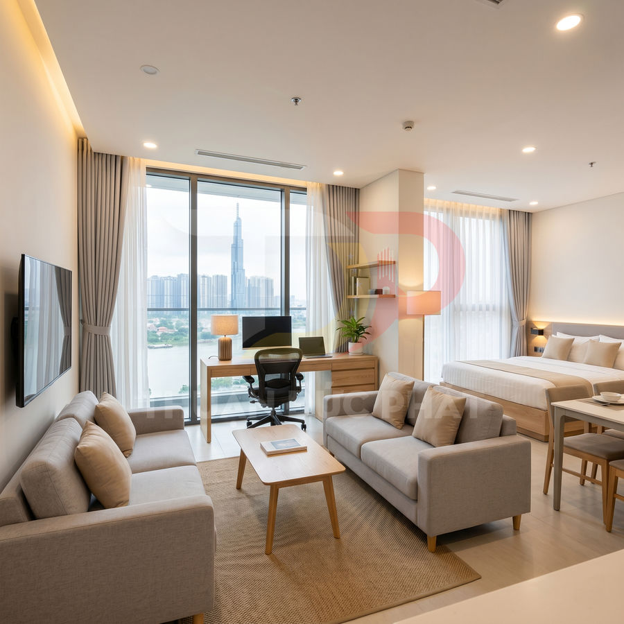 Căn hộ studio cao cấp với phòng khách, bàn làm việc, giường ngủ và cửa sổ lớn view thành phố