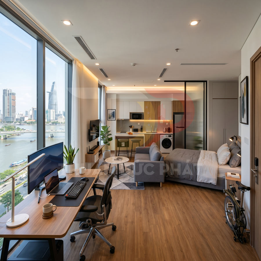 Căn hộ studio hiện đại với bàn làm việc, sofa, giường ngủ và bếp nhỏ nhìn ra sông và thành phố