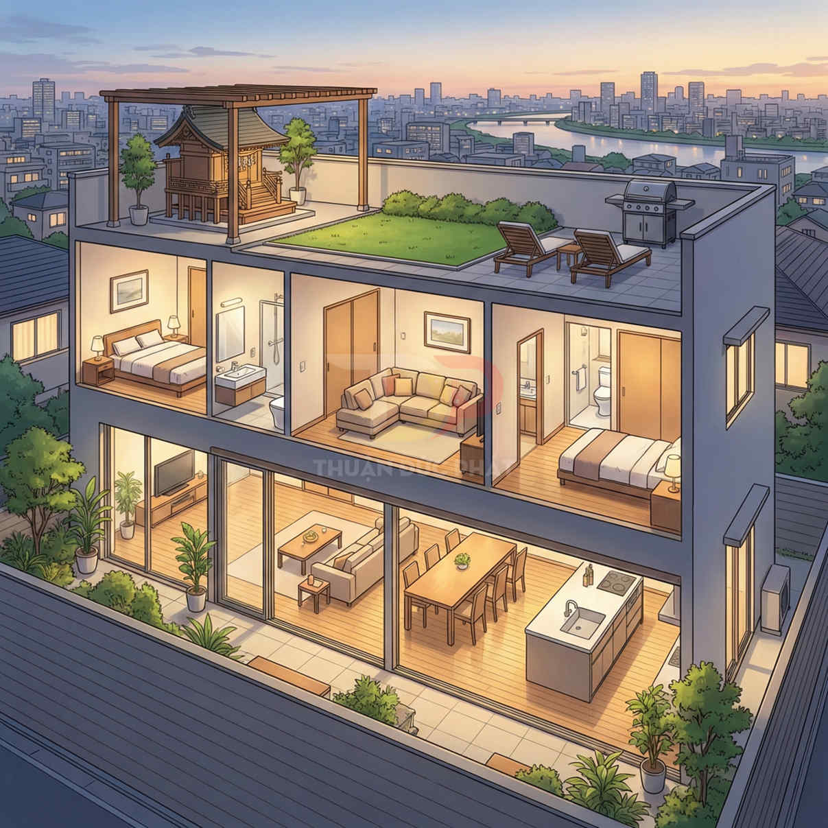 Mô hình nhà phố 3 tầng hiện đại với phòng khách, bếp, phòng ngủ và sân thượng vườn rộng rãi