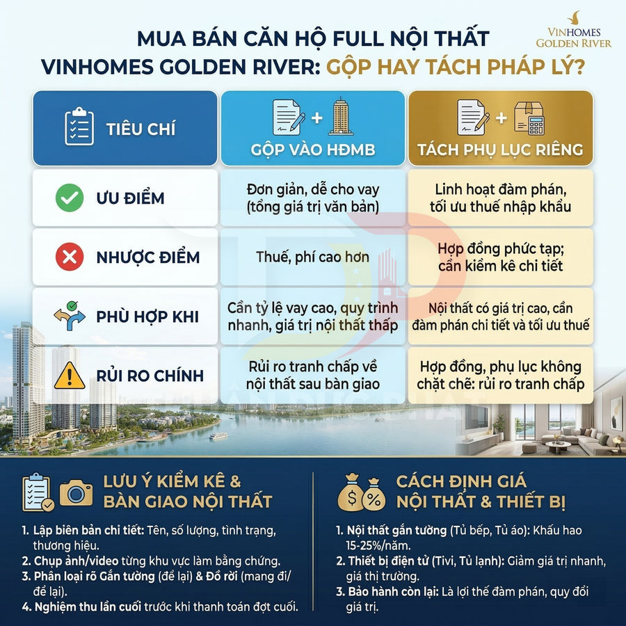 Infographic so sánh phương án pháp lý mua bán căn hộ full nội thất Vinhomes Golden River và hướng dẫn định giá, bàn giao nội thất