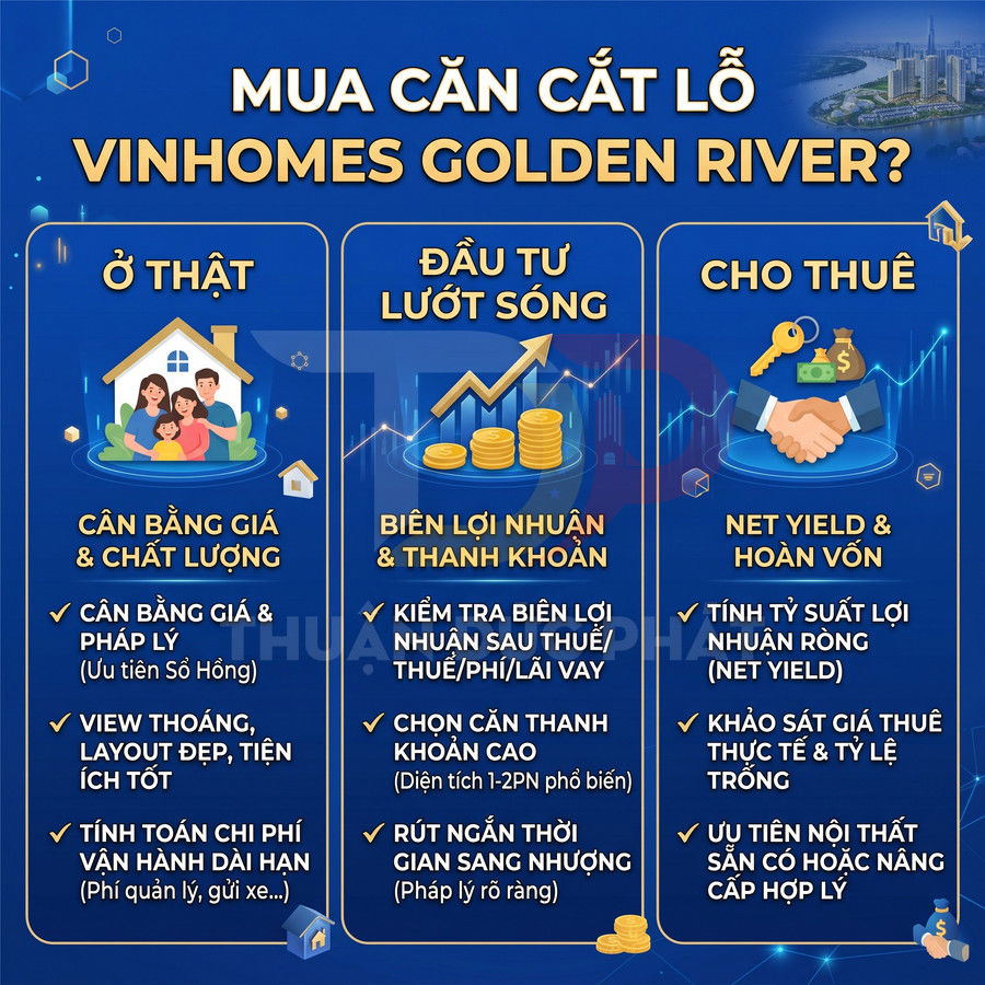 Infographic lý do mua căn hộ cắt lỗ Vinhomes Golden River để ở thật, đầu tư lướt sóng hoặc cho thuê