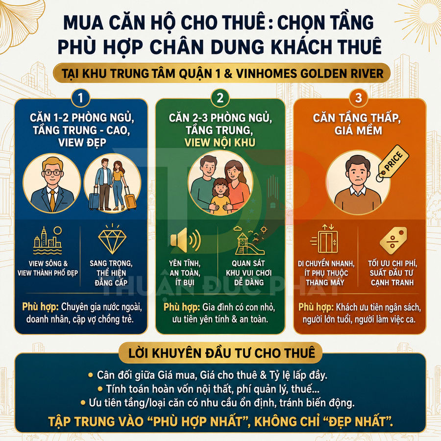 Infographic tư vấn chọn tầng mua căn hộ cho thuê tại trung tâm quận 1 và Vinhomes Golden River