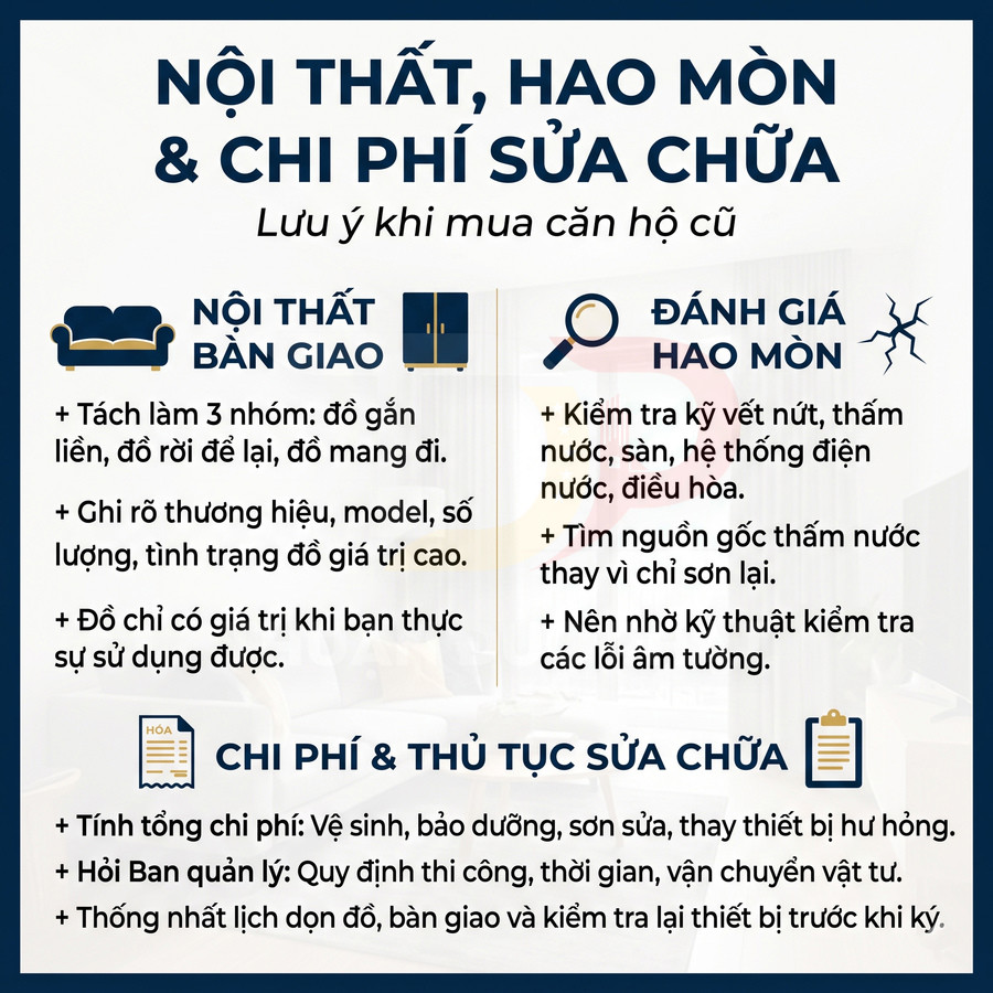 Lưu ý về nội thất bàn giao, đánh giá hao mòn và chi phí sửa chữa khi mua căn hộ cũ