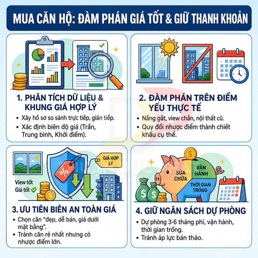 Infographic hướng dẫn đàm phán giá và giữ thanh khoản khi mua căn hộ với 4 bước và minh họa trực quan