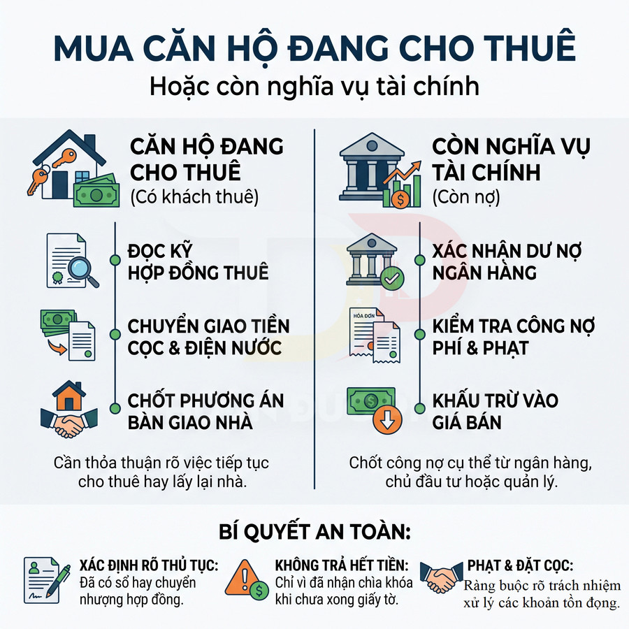 Hướng dẫn mua căn hộ đang cho thuê hoặc còn nghĩa vụ tài chính, kiểm tra hợp đồng, công nợ và bàn giao nhà