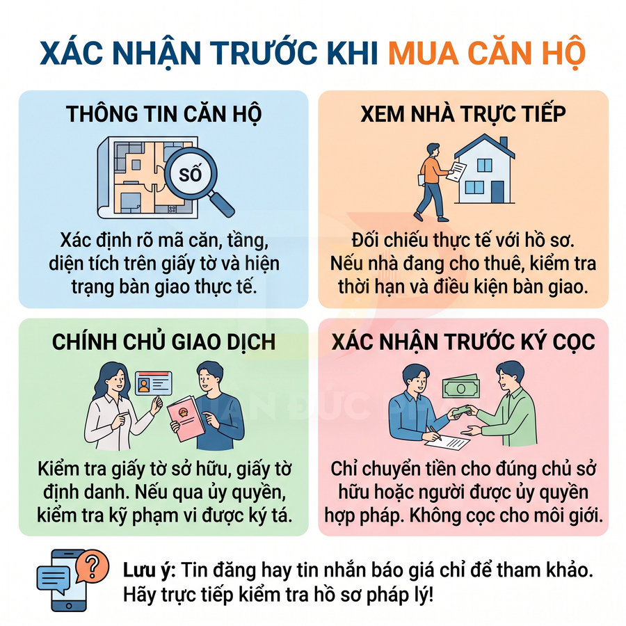 Các bước xác nhận thông tin căn hộ, xem nhà, kiểm tra chính chủ và xác minh trước khi ký cọc mua nhà.
