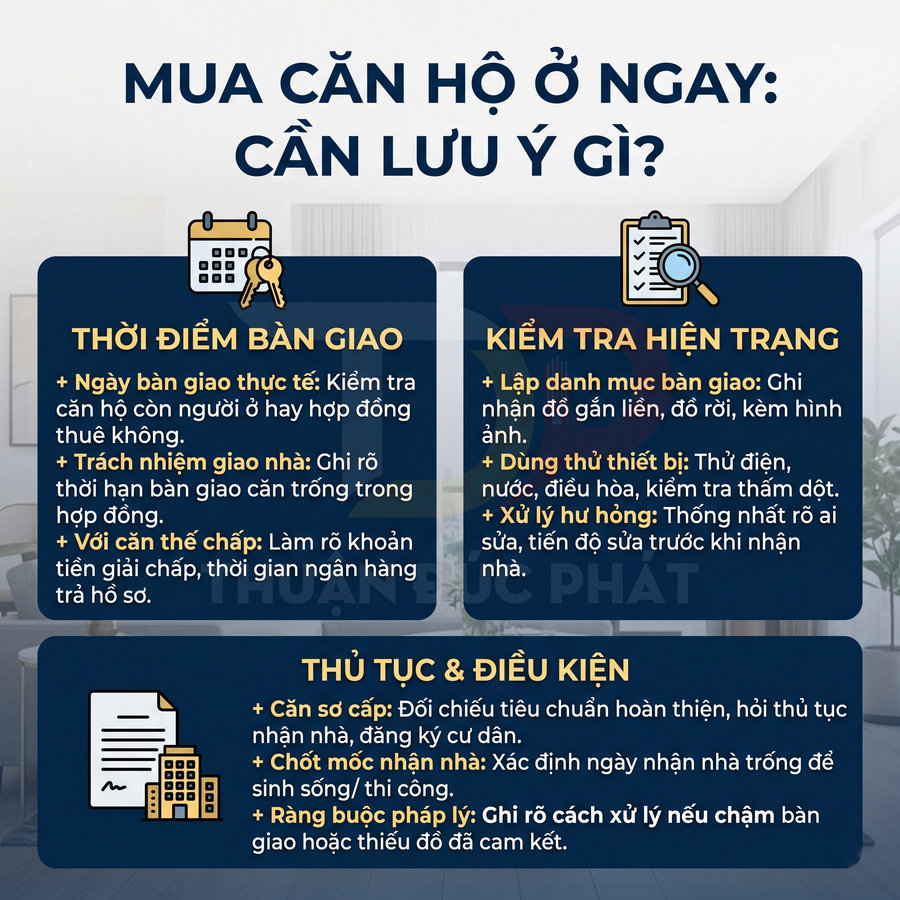 Infographic lưu ý khi mua căn hộ, gồm thời điểm bàn giao, kiểm tra hiện trạng, thủ tục và điều kiện nhận nhà