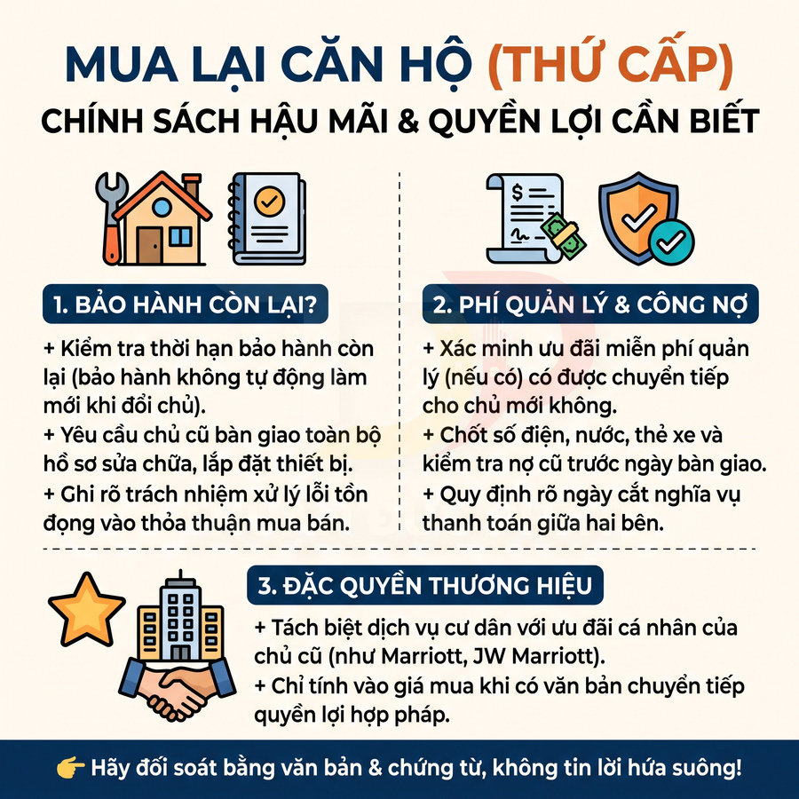 Infographic hướng dẫn mua lại căn hộ thứ cấp, lưu ý bảo hành, phí quản lý, công nợ và quyền lợi thương hiệu.