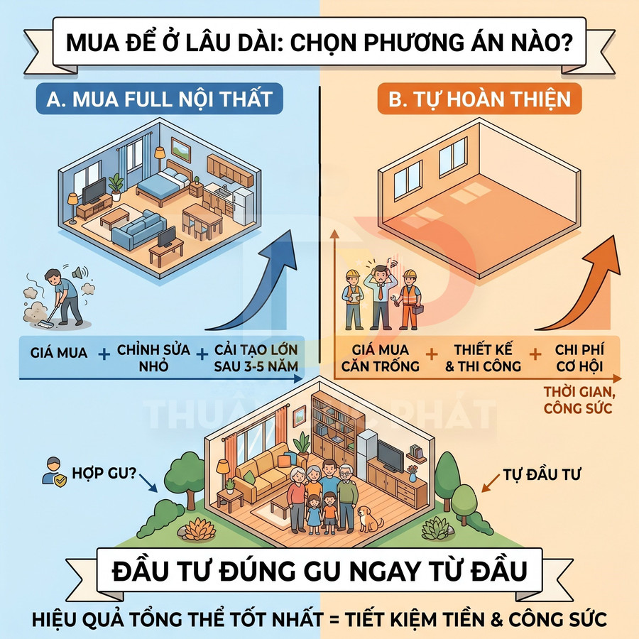 So sánh mua căn hộ full nội thất và tự hoàn thiện, minh họa gia đình chọn đầu tư nội thất ngay từ đầu
