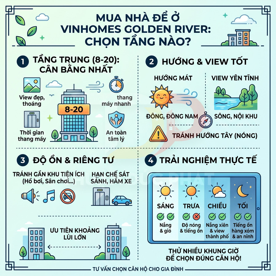 Infographic tư vấn chọn tầng căn hộ chung cư Vinhomes Golden River theo view, hướng, độ ồn và trải nghiệm thực tế