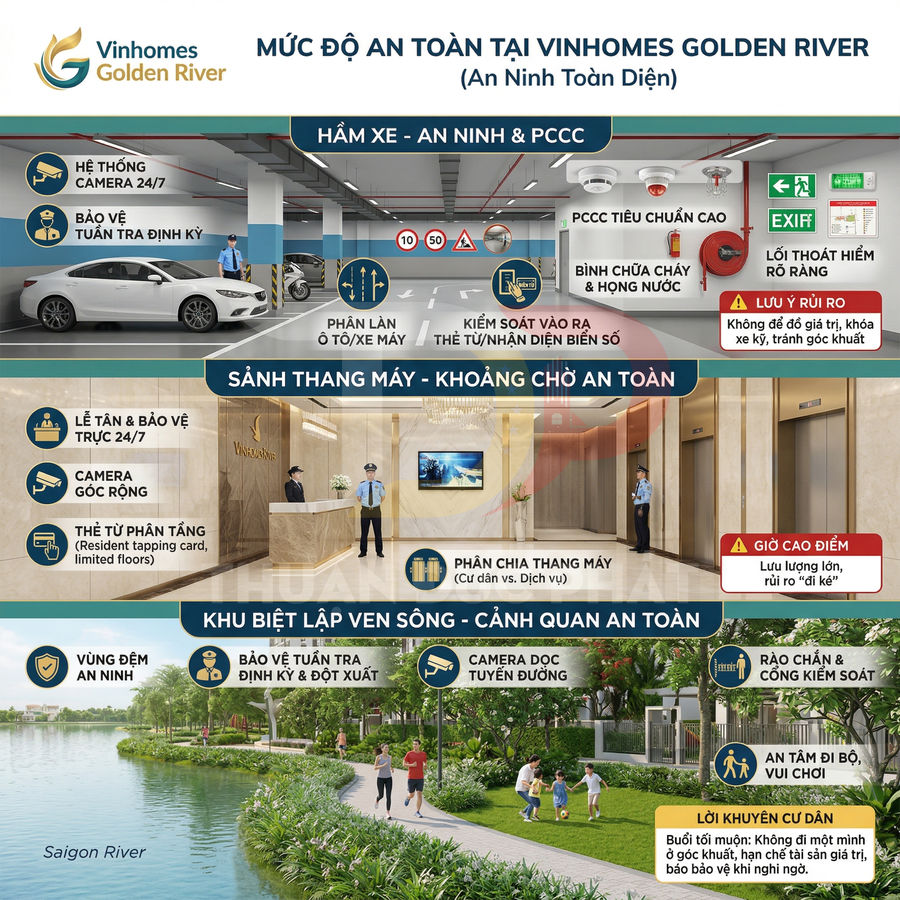 Infographic giới thiệu hệ thống an ninh, camera, bảo vệ và cảnh quan an toàn tại khu căn hộ Vinhomes Golden River