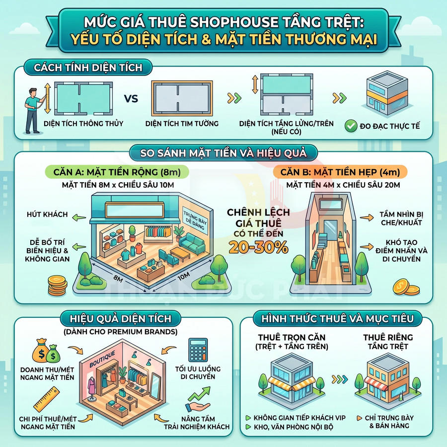 Infographic mức giá thuê shophouse tầng trệt theo diện tích, mặt tiền, hiệu quả kinh doanh và hình thức thuê