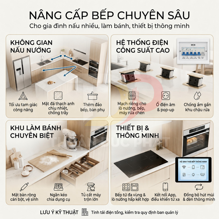 Thiết kế bếp hiện đại với tủ gỗ, đảo bếp, bếp từ, lò nướng âm tủ và khu làm bánh chuyên biệt