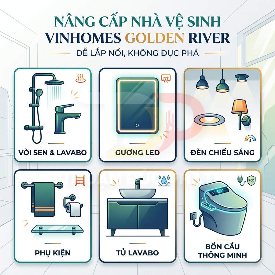 Nâng cấp nhà vệ sinh Vinhomes Golden River với vòi sen, gương LED, đèn chiếu sáng, tủ lavabo và bồn cầu thông minh