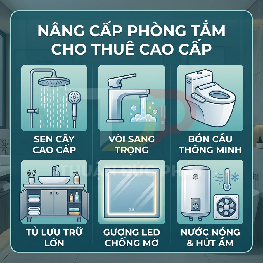 Các thiết bị nâng cấp phòng tắm cho thuê cao cấp gồm sen cây, vòi nước, bồn cầu thông minh, tủ, gương LED, máy nước nóng