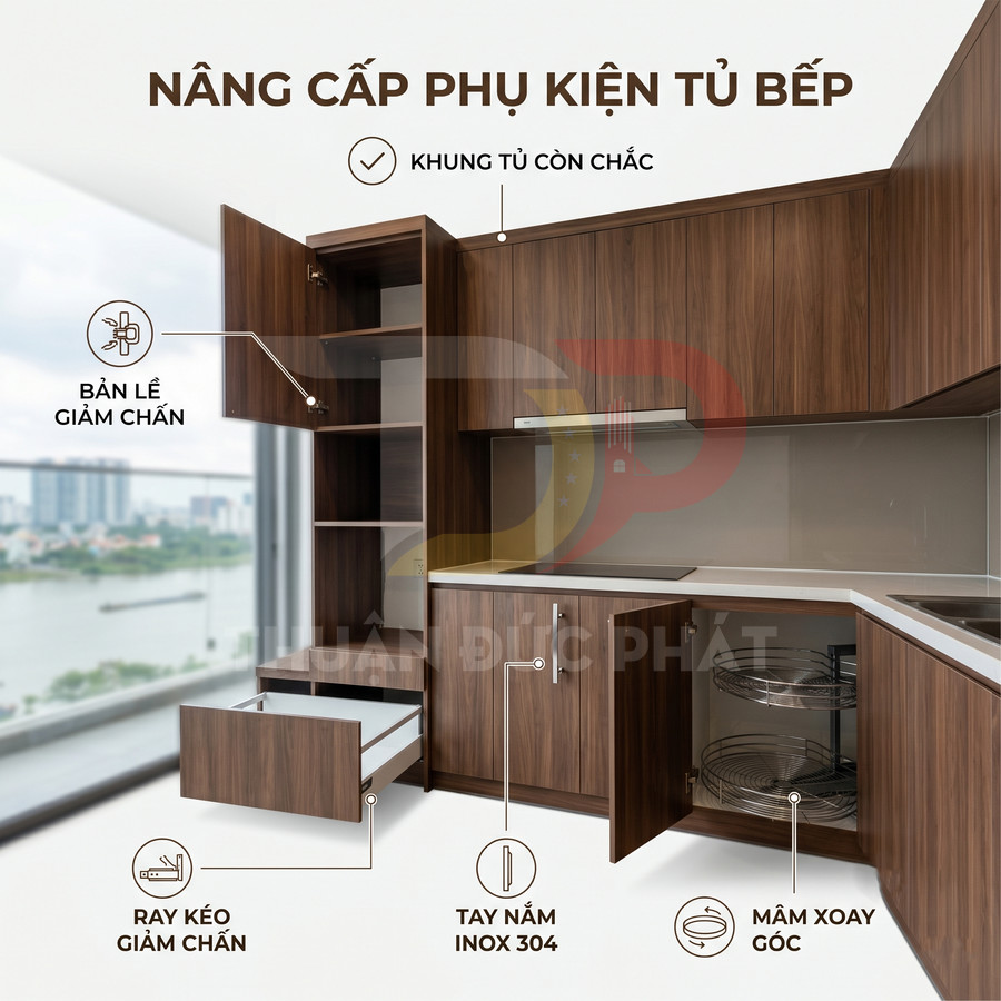Tủ bếp gỗ hiện đại với bản lề giảm chấn, ray kéo giảm chấn, tay nắm inox 304 và mâm xoay góc tiện dụng