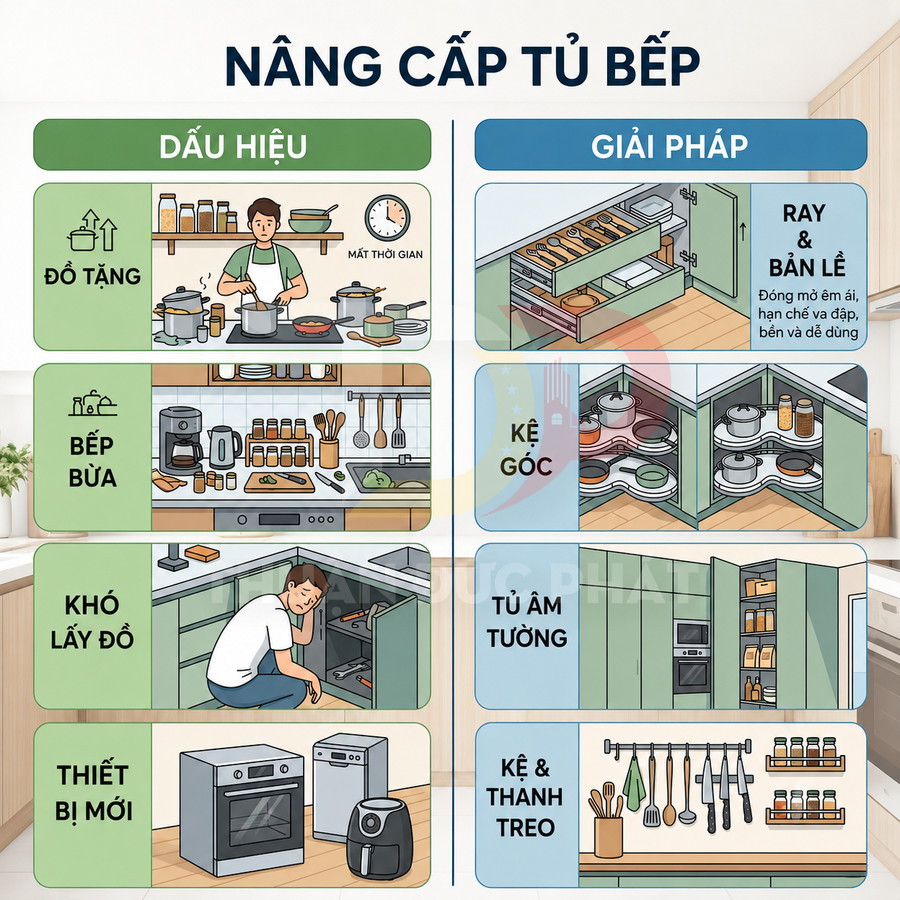 Minh họa giải pháp nâng cấp tủ bếp với ray trượt, kệ góc, tủ âm tường và kệ thanh treo giúp bếp gọn gàng
