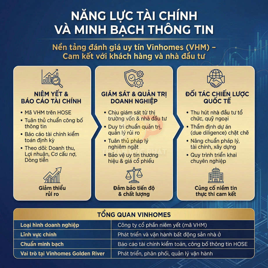 Infographic năng lực tài chính và minh bạch thông tin của Vinhomes, nêu niêm yết, quản trị doanh nghiệp và đối tác chiến lược