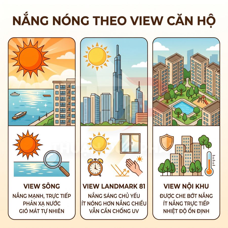Minh họa so sánh mức nắng nóng theo view căn hộ: view sông, view Landmark 81 và view nội khu nhiều cây xanh