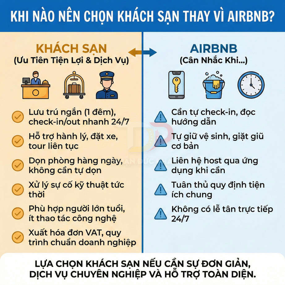 So sánh ưu điểm khách sạn và Airbnb bằng tiếng Việt, nêu lý do nên chọn khách sạn khi cần dịch vụ 24/7