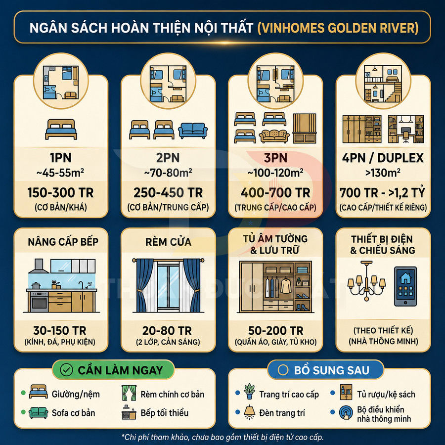 Bảng chi phí hoàn thiện nội thất căn hộ Vinhomes Golden River theo số phòng ngủ và hạng mục trang trí