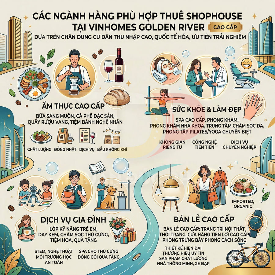 Các ngành hàng dịch vụ và bán lẻ cao cấp phù hợp thuê shophouse tại Vinhomes Golden River