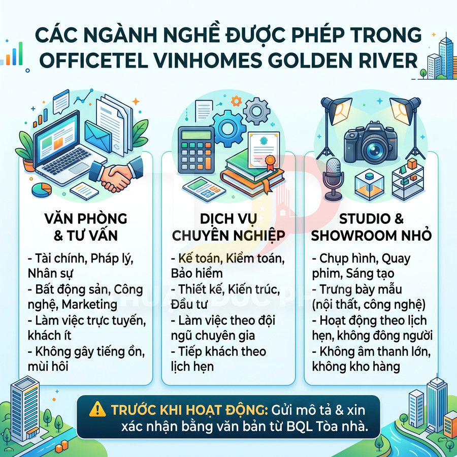 Các ngành nghề được phép kinh doanh trong officetel Vinhomes Golden River với văn phòng, dịch vụ và studio nhỏ