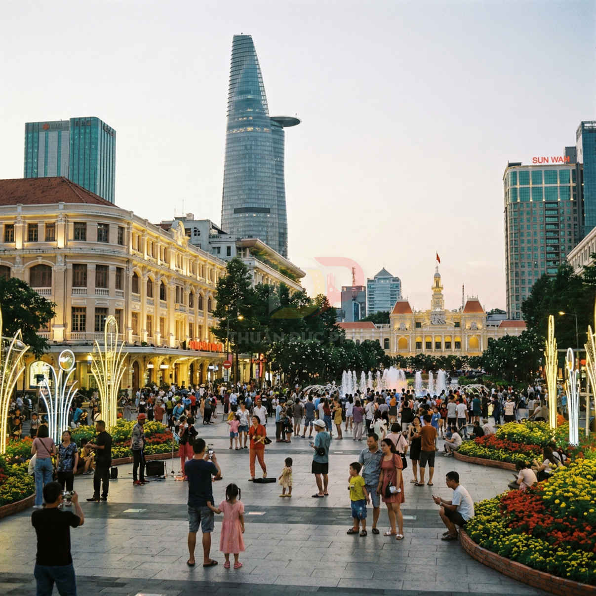 Phố đi bộ Nguyễn Huệ đông người dạo chơi buổi chiều với đài phun nước và tòa Bitexco phía sau