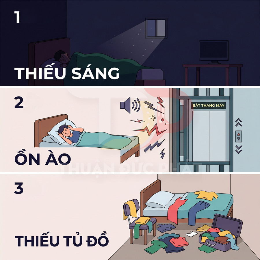 Minh họa phòng ngủ thiếu sáng, nhiều tiếng ồn và bừa bộn quần áo gây khó chịu khi nghỉ ngơi