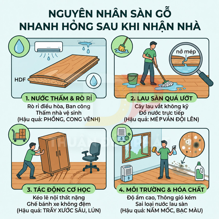 Nguyên nhân làm sàn gỗ công nghiệp nhanh hỏng như nước thấm, lau sàn quá ướt, tác động cơ học, ẩm mốc hóa chất