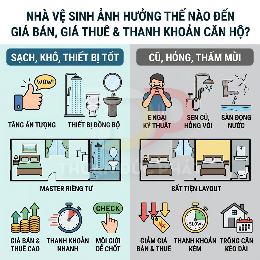 Infographic so sánh nhà vệ sinh sạch khô thiết bị tốt với nhà vệ sinh cũ hỏng ảnh hưởng giá bán và thanh khoản căn hộ