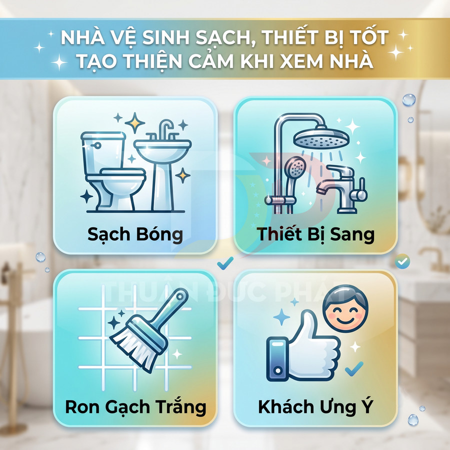Minh họa lợi ích nhà vệ sinh sạch bóng, thiết bị vệ sinh sang trọng, ron gạch trắng giúp khách xem nhà ưng ý