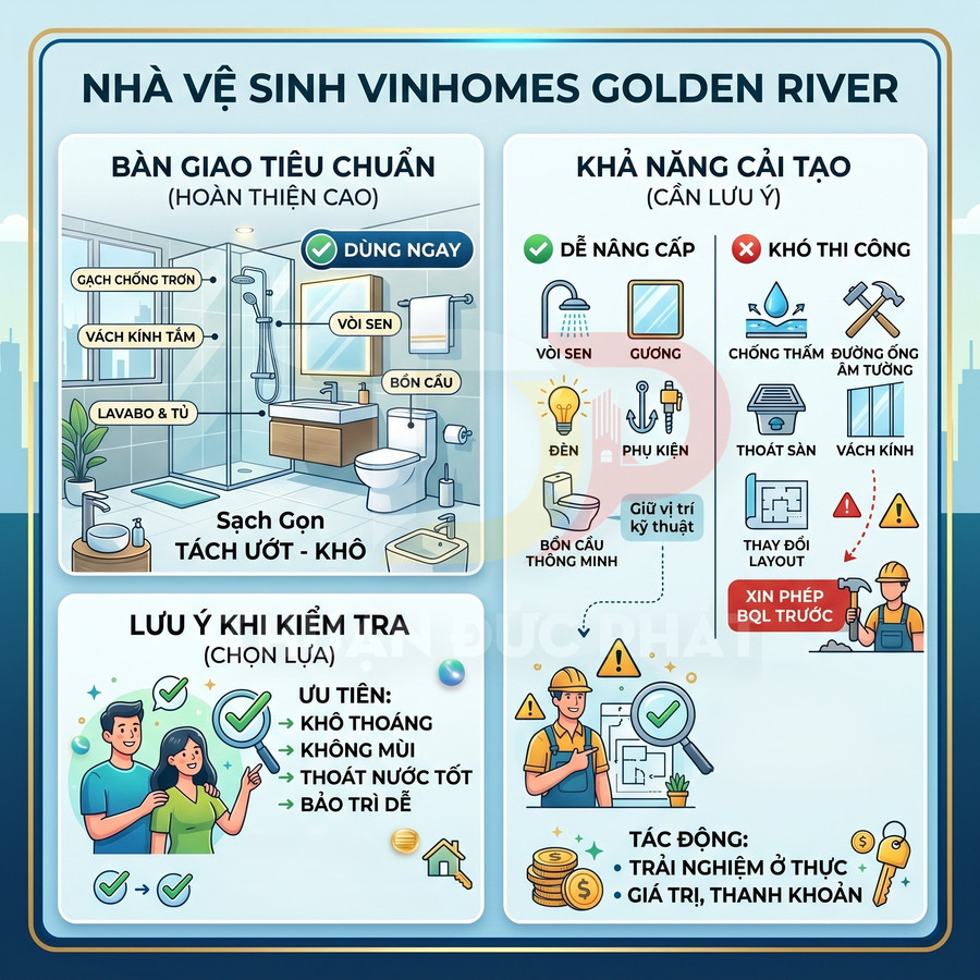 Nhà vệ sinh căn hộ Vinhomes Golden River hoàn thiện ra sao và dễ nâng cấp không?