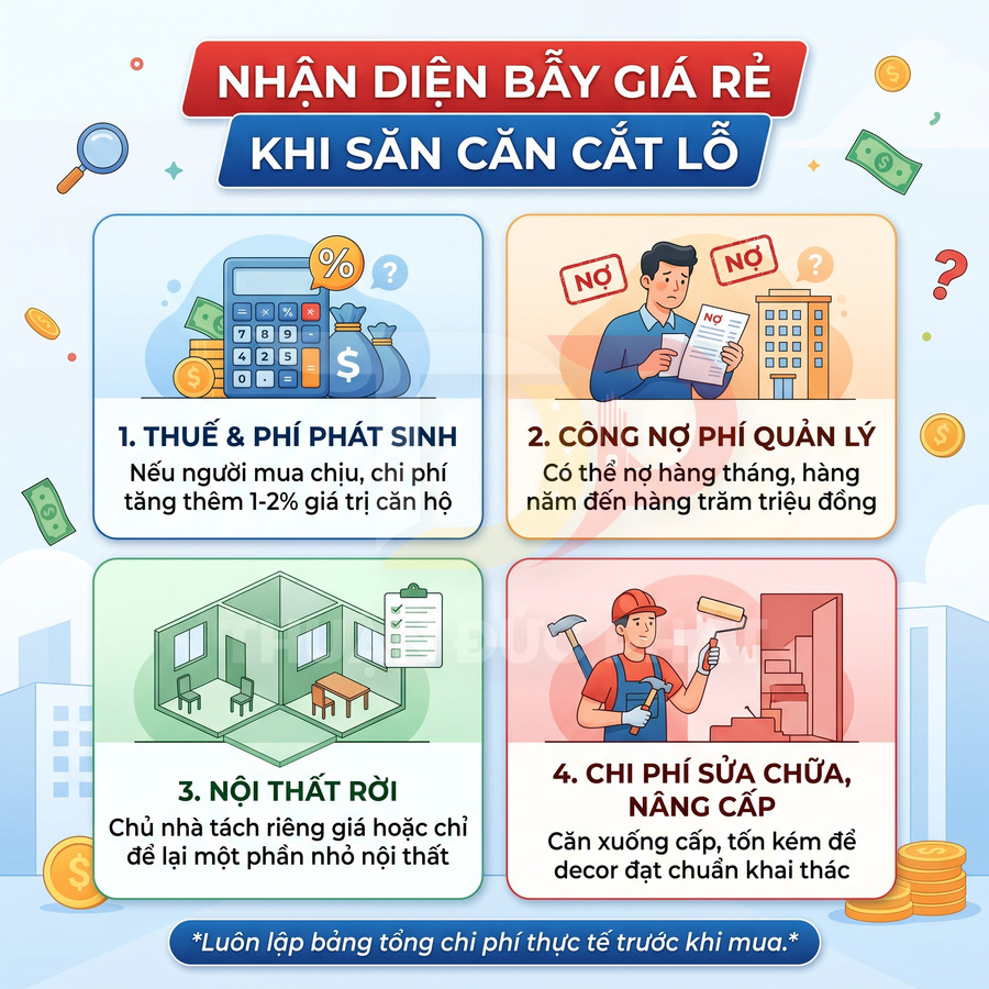 Infographic nhận diện bẫy giá rẻ khi mua căn hộ cắt lỗ với 4 loại chi phí phát sinh cần lưu ý