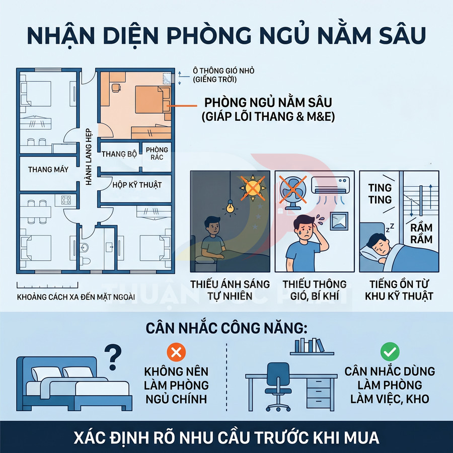 Infographic nhận diện phòng ngủ nằm sâu trong căn hộ, mô tả nhược điểm thiếu sáng, bí khí và tiếng ồn kỹ thuật