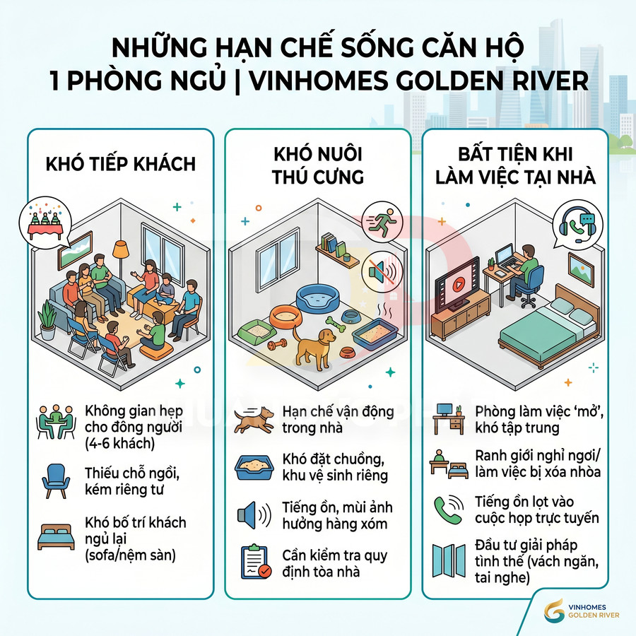 Infographic hạn chế khi sống căn hộ 1 phòng ngủ Vinhomes Golden River về tiếp khách, nuôi thú cưng và làm việc tại nhà